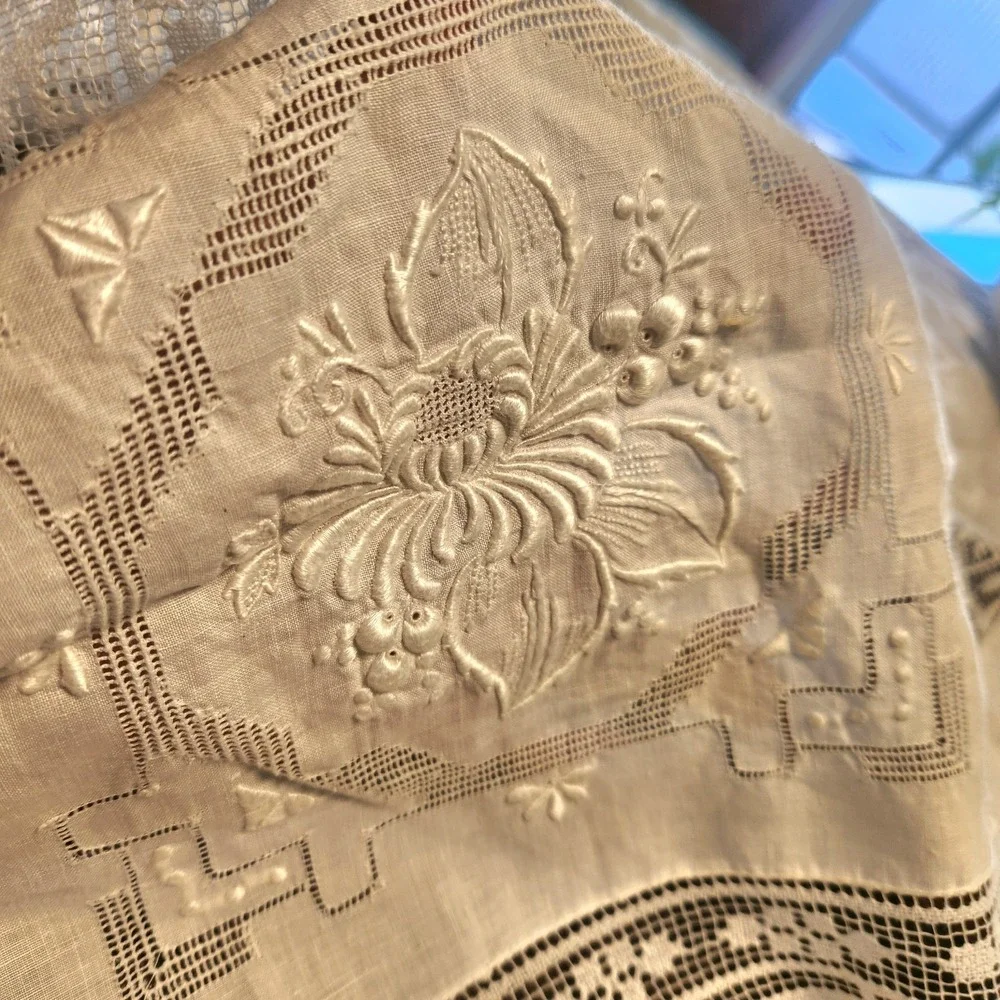 Vtg Filet Lace And Embroidered Panels Patchwork Tablecloth Cottagecore 66 X 88